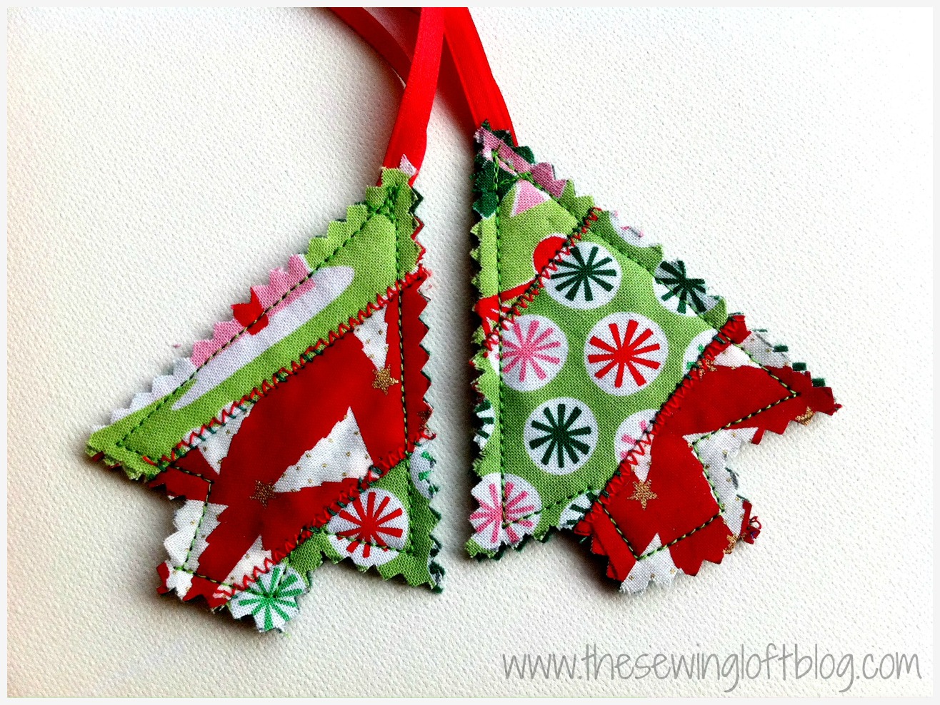 Easy tree ornaments made from scrap fabrics. By The Sewing Loft