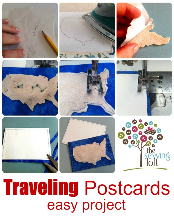 These easy fabric postcards are great for summer vacations. Add your pin dot on the map for a fun visual.