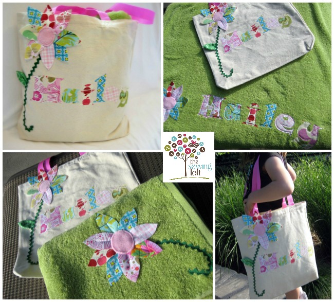 Personalized tote bag and towel pattern. Includes funky alphabet, tote bag pattern and several  applique designs. The Sewing Loft