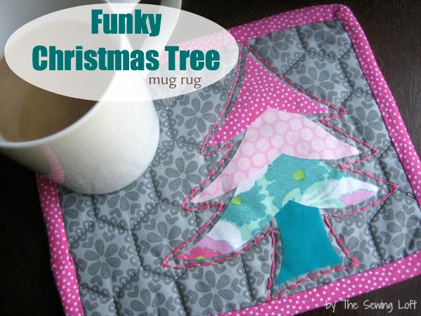 Holiday Happenings Funky Christmas Tree Mug Rug by The Sewing Loft for Babylock #freepattern #holiday #miniquilt #mugrug