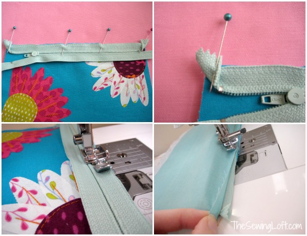 Inserting zipper to flower zipper pouch pattern. The Sewing Loft