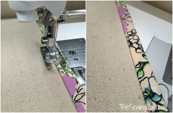 Add scrap binding to a pocket edge. The Sewing Loft