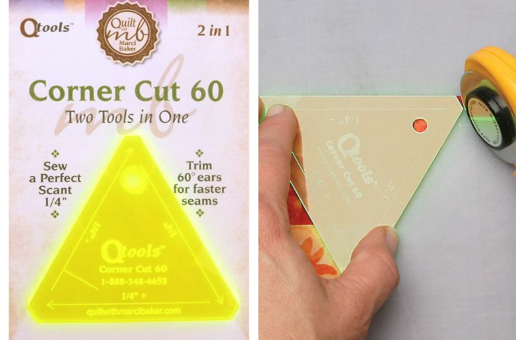 Create triangles and hexies in a flash with this QTool Corner Cut ruler. The Sewing Loft