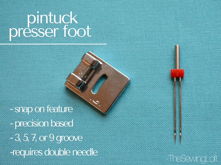 The pintuck presser foot is designed to allow your machine to create texture and dimension with one pass under the needle. This specialty foot is available in 3, 5, 7 and 9 groove options. Learn how to keep your tucks straight and evenly spaced with this special sewing accessory. The Sewing Loft