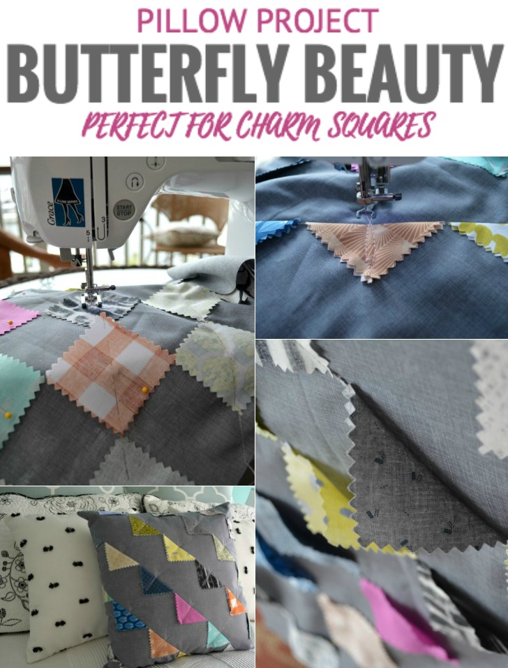 You can make this DIY Butterfly pillow cover with just a few charm squares of your favorite prints. 