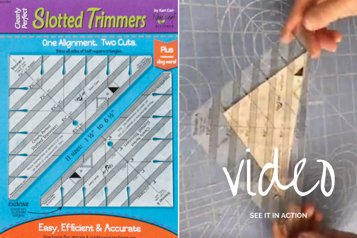 This Slotted Trimmer ruler is a serious gamer changer for half square triangles! You can trim everything- even the dog ears in a flash!! See it in action and what I made with mine. 