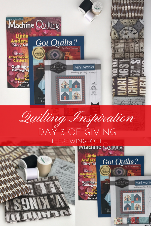 'Tis the season and it is better to give than recieve. Today's giveaway gift is packed with quilt inspiration. Be sure to see all of the prize packages being offered during The Sewing Loft's 12 Days of Giving. Over $1200 in prizes.