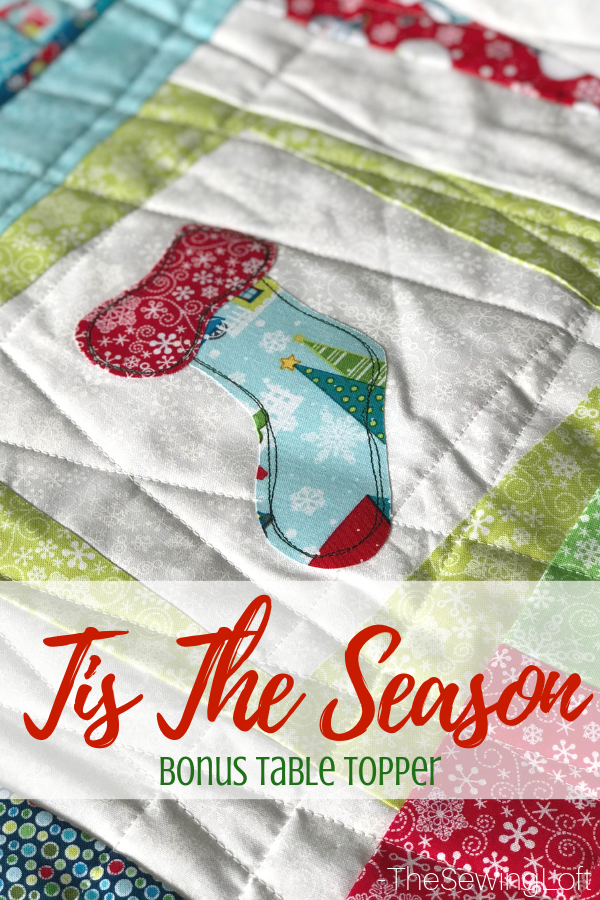 Create this holiday table topper while learning a new twist on block making, applique techniques and see a demo on free motion stitching in the Tis the Season Quilt class.