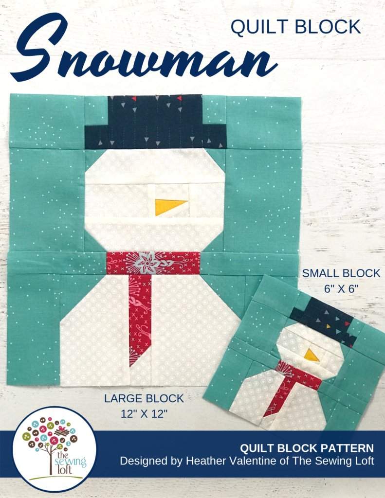 Keep warm this winter with a Snowman Quilt Block. Block comes in 2 sizes and can be used in many different projects from home decor to quilts.#Block2Quilts