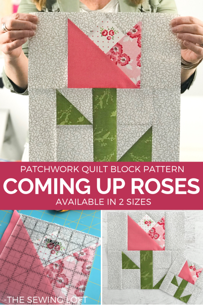 Make this sweet patchwork block today.  Coming Up Roses quilt block is perfect for your quilting library.