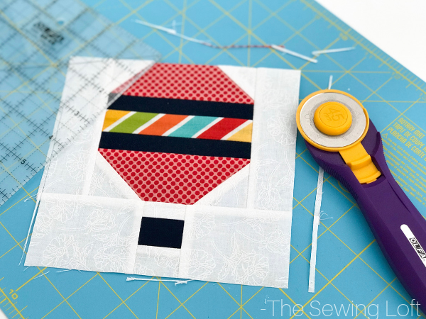 Hot Air Balloon Quilt Block patchwork construction available in 2 sizes. Download today and grab your scraps. -The Sewing Loft