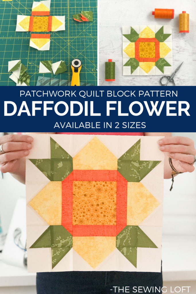 Daffodil Flower quilt block available in 2 sizes. This simple patchwork block is easy to make and perfect for the beginner.
