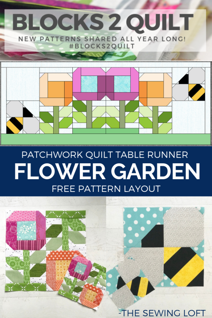 Oh how my garden grows! Grab your favorite blocks and stitched together this Flower Garden Table Runner. Free pattern layout  from The Sewing Loft