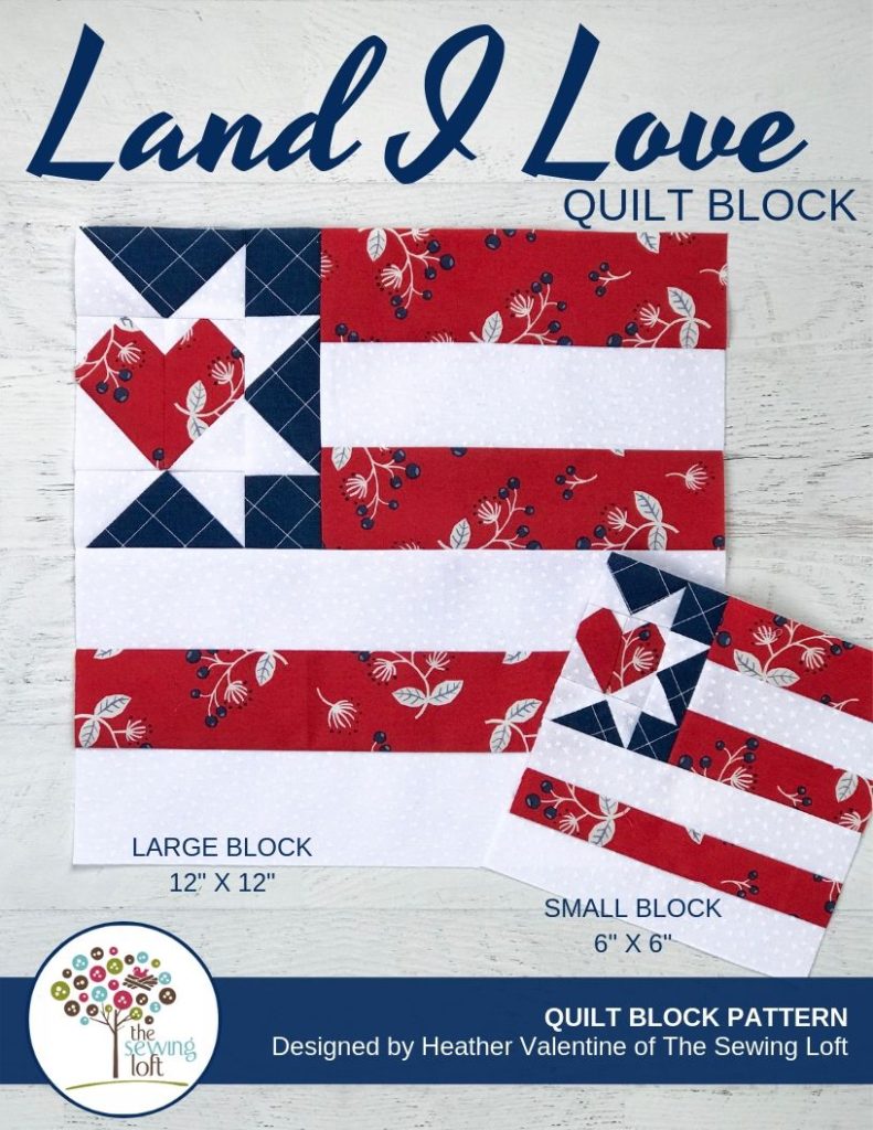 This scrappy friendly quilt block is a great way to use your scraps for some patriotic flair. Land I Love Flag Quilt Block. Pattern includes 2 sizes. Quilt Block designed by The Sewing Loft