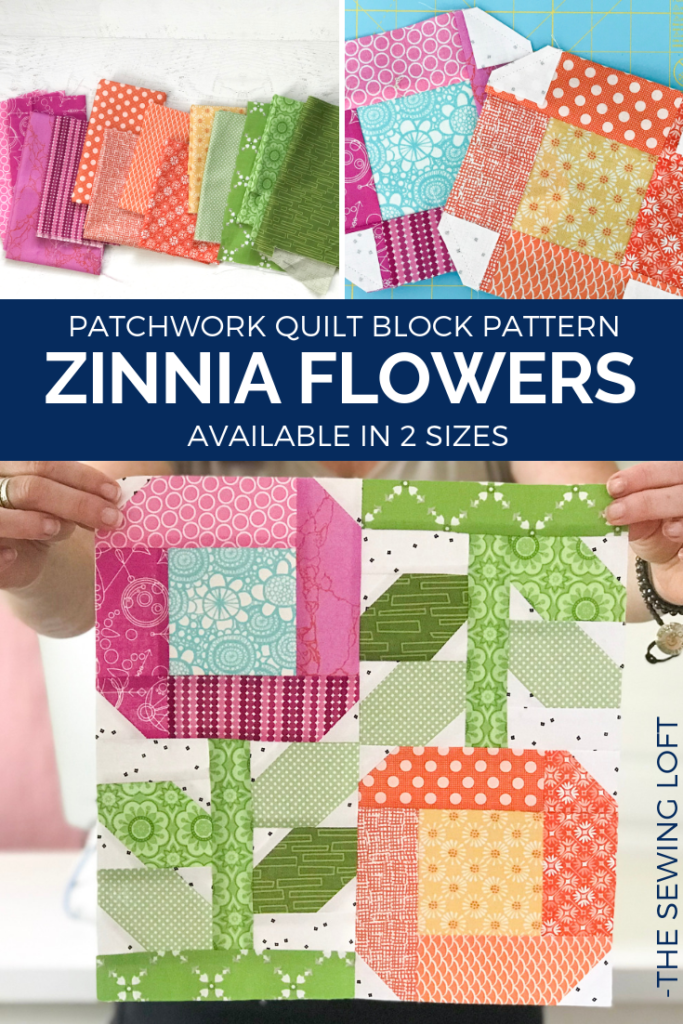 Head to your fabric stash, pull an assortment of your favorite colors and stitch up the Zinnia Flowers Quilt Block by The Sewing Loft
