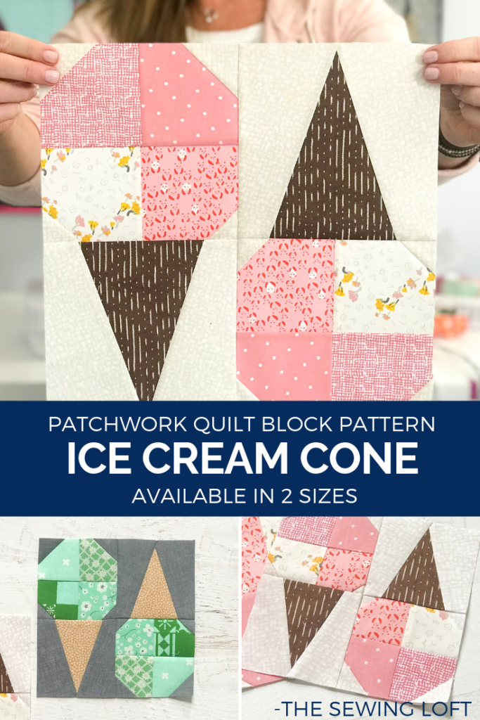 Grow your quilting skills with this fun Ice Cream Cone quilt block. The easy to make, patchwork construction block finishes 12" square.