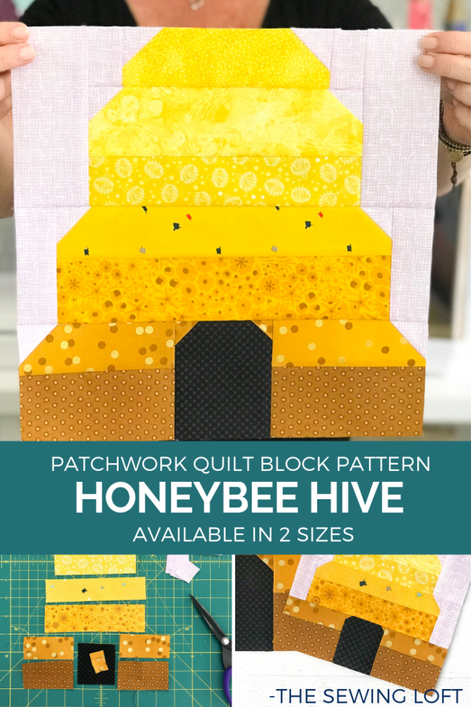 Honeybee Hive quilt block pattern is a simple patchwork construction and available in two sizes. The Sewing Loft 