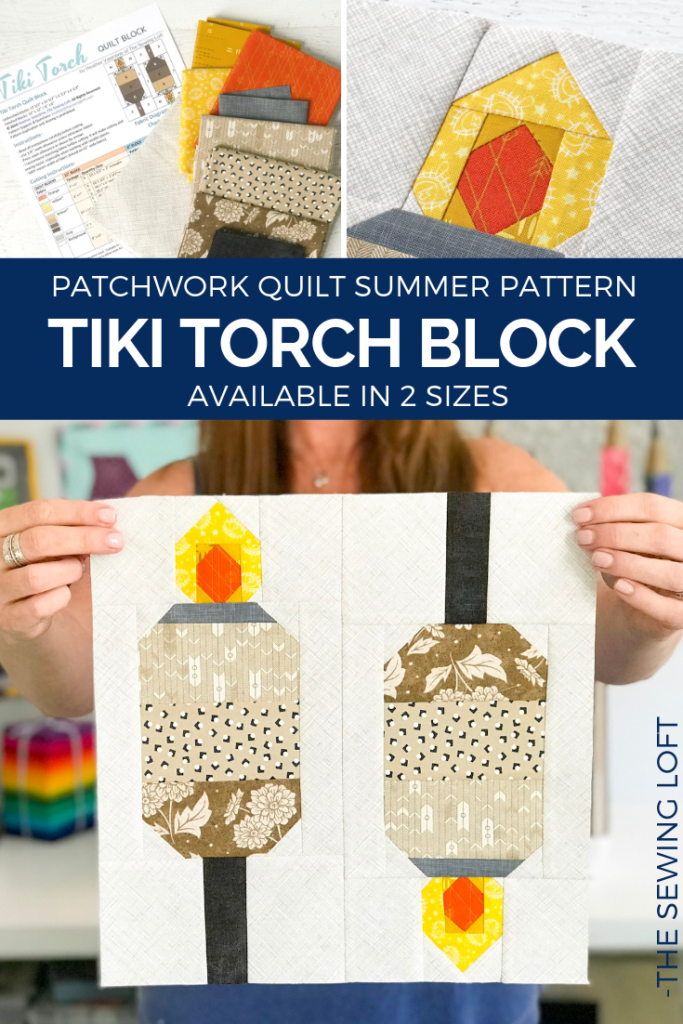 Grow your quilting skills with this fun Tiki Torch quilt block. The easy to make, patchwork construction block finishes 12" square & 6" square.