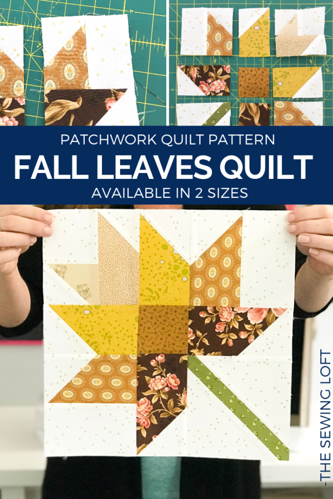 The simple patchwork construction of the Fall Leaves quilt block makes it perfect for the beginner quilter and fun for the experienced quilter to play with their scraps.