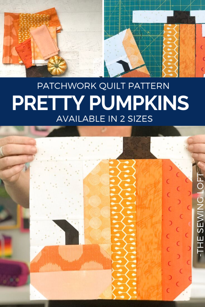 The simple patchwork construction of the Pretty Pumpkins quilt block makes it perfect for for quilters to play with their scraps. 