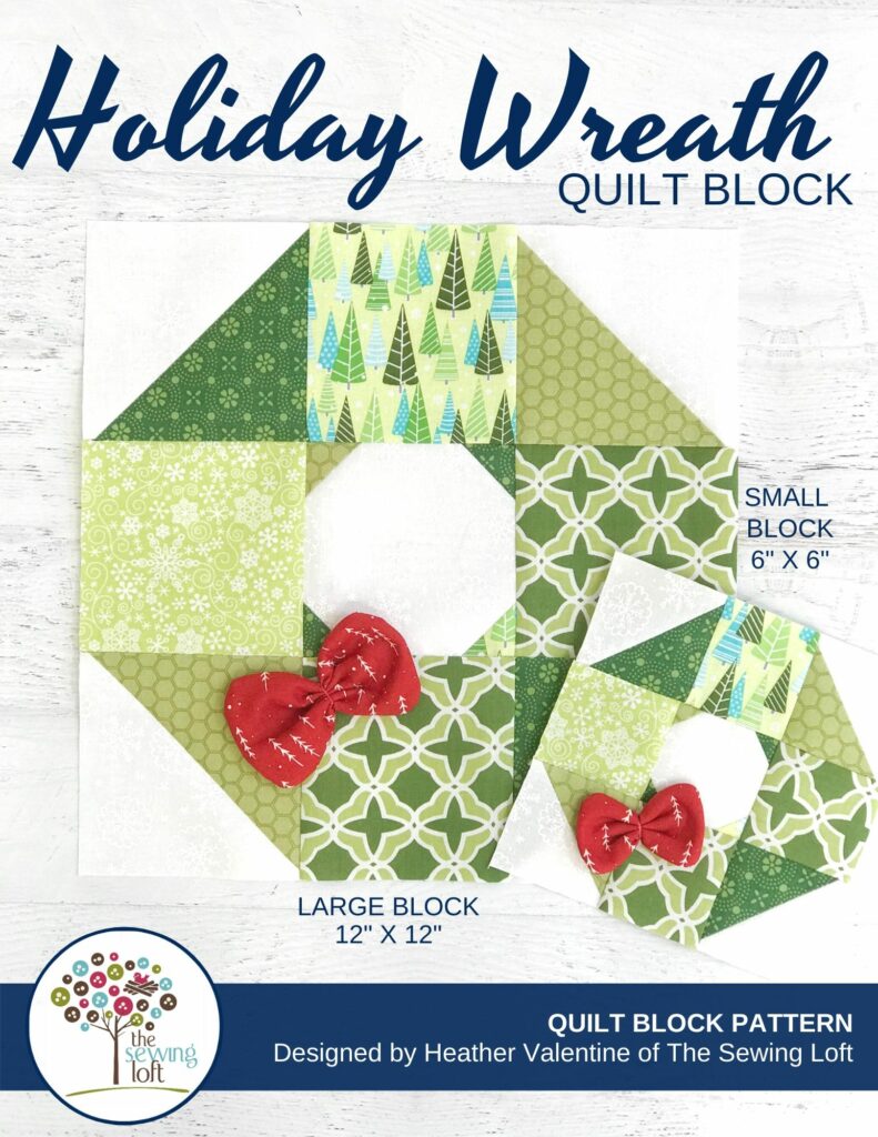 Add some festive cheer to your quilts with this easy to make, scrap friendly Holiday Wreath Quilt Pattern available in 2 sizes. Includes a bonus bow embellishment detail. 