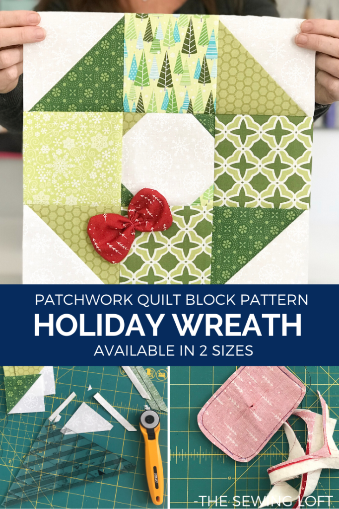 Add some festive cheer to your quilts with this easy to make, scrap friendly Holiday Wreath Quilt Pattern available in 2 sizes. Includes a bonus bow embellishment detail. 