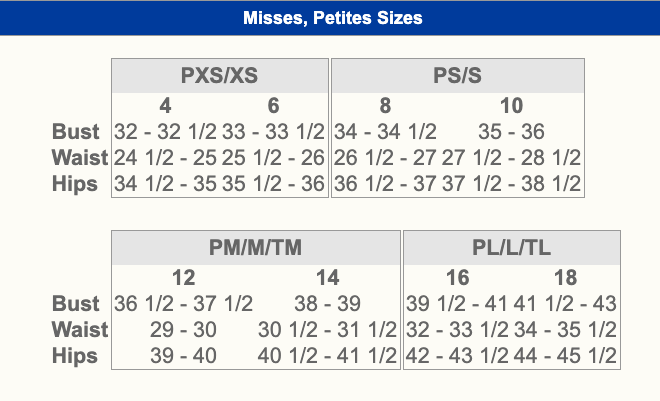Women's Size Chart for Blair