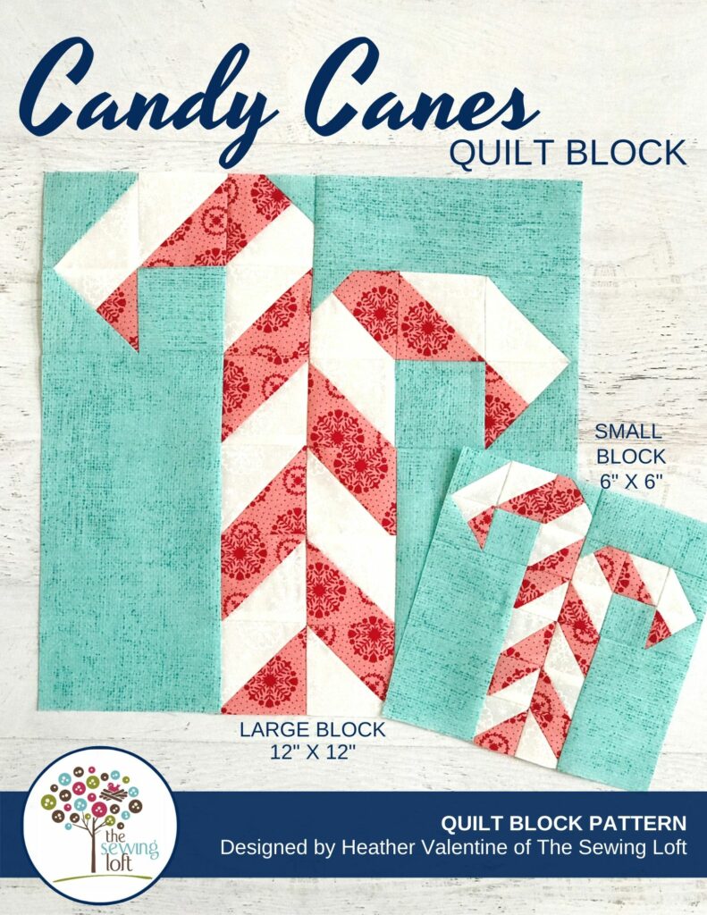 Add some festive cheer to your quilts with this easy to make, scrap friendly Candy Canes Quilt Block Pattern available in 2 sizes. 