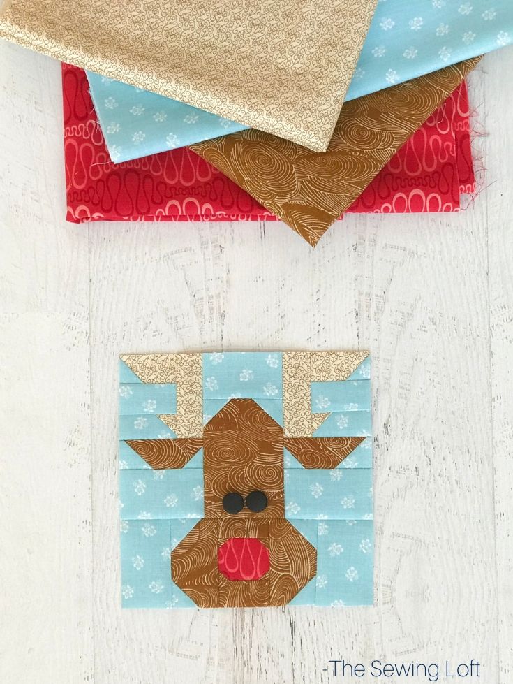 Keep the holiday spirit alive with this easy to make patchwork Rudolph Reindeer quilt block.