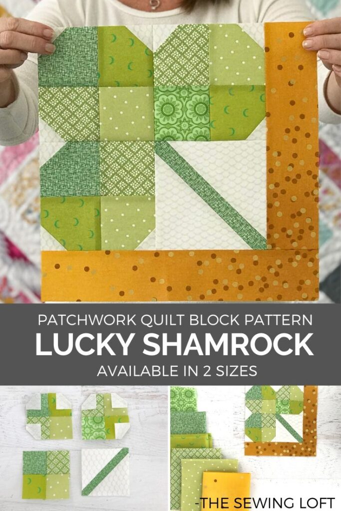 Stretch your quilting and sewing skills with this Shamrock Quilt block pattern. The design is easy to make and perfect for scraps. Available in 2 sizes.