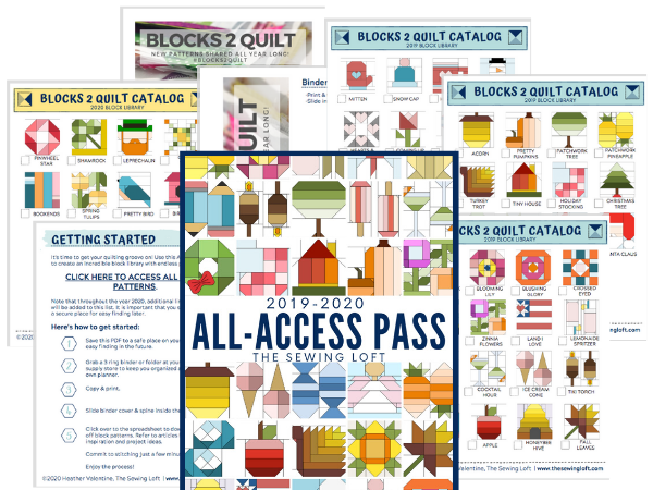 Ready to take your quilt library to a whole new level? Download the All Access Pass for the Blocks 2 Quilt series by The Sewing Loft. Library includes more than 100 blocks, templates, project ideas and tips help you achieve the perfect quilt!