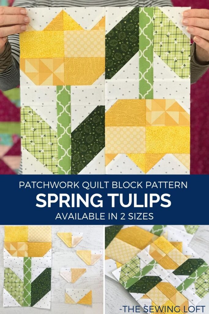 Transform your fabric scraps into a garden of your own with the Spring Tulips Quilt Block from The Sewing Loft. Easy to make and available in 2 sizes. #quilting #quiltblock