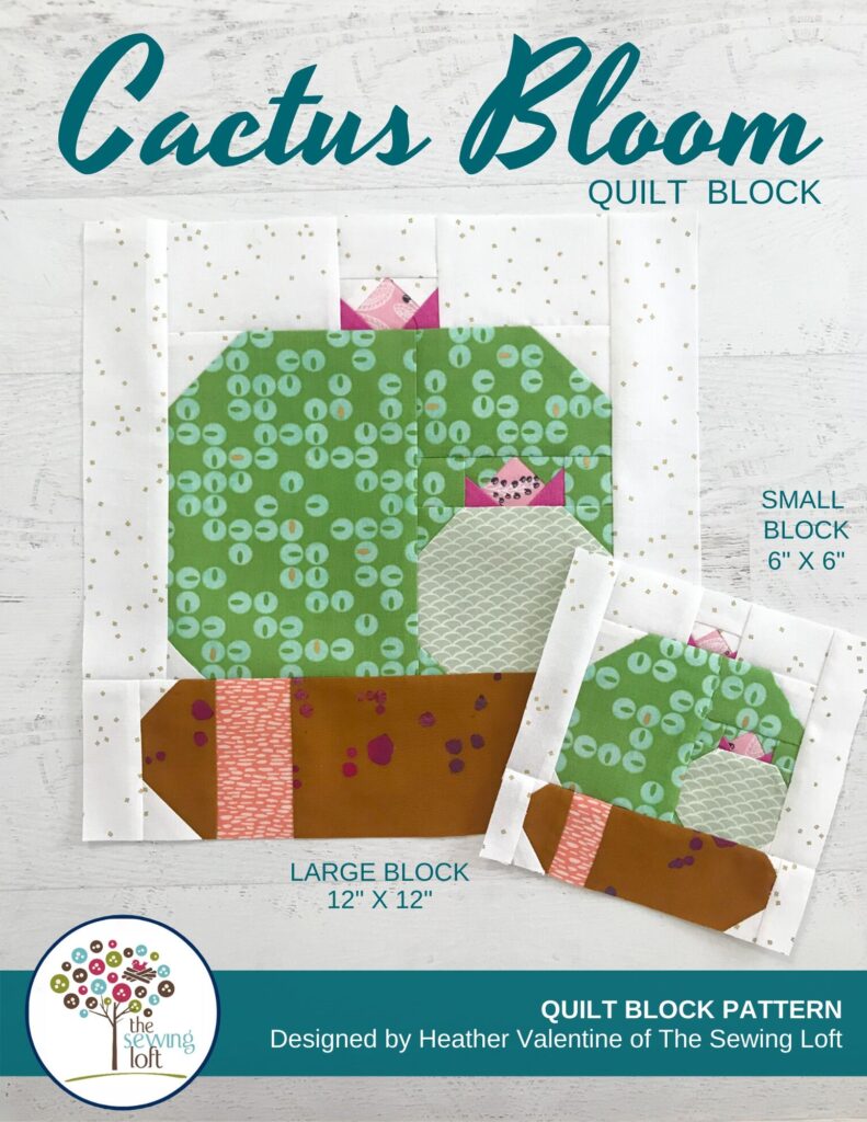 Inspired by nature, the Cactus Bloom quilt block is perfect for fabric scraps. Quilt block available in 2 sizes and requires NO special tools, or templates. 
