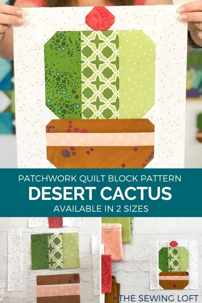 Create this colorful desert cactus quilt block with a few fabric scraps. Quilt block is available in 2 easy to make sizes and requires NO special tools, templates or rulers. The Sewing Loft. 