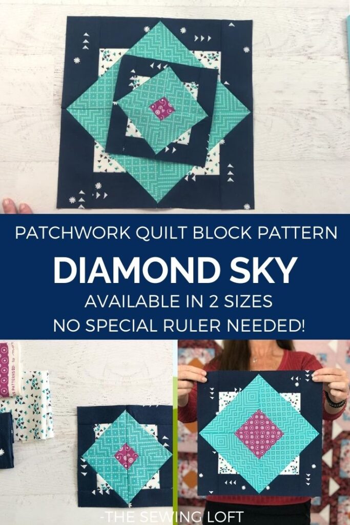 Learn how to make the Diamond Sky quilt block. The patchwork construction makes is perfect for all skill levels and takes the guess work out of funky angles. Includes how to video. 