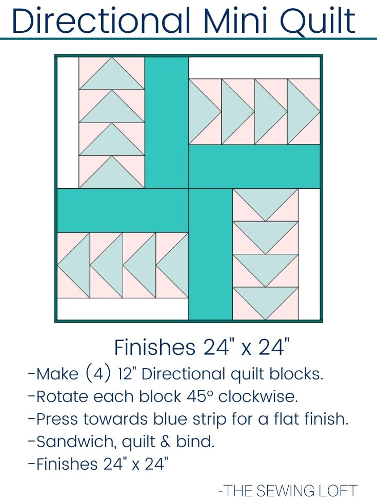 Practice your flying geese technique with this easy to make pattern by The Sewing Loft. The Directional Quilt Block is available in 2 sizes, is easy to make and requires no special tools.