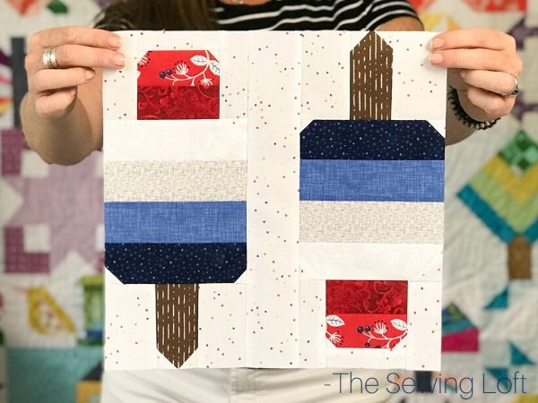 The patchwork Firecracker quilt block uses strip piecing and is easy to make. Pattern by The Sewing Loft and comes in 2 different sizes.