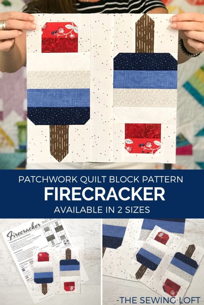 Using strip piecing, this Firecracker quilt block stitches together quickly. Pattern is by The Sewing Loft and available in 2 sizes. 