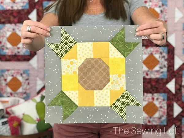 The Sunflower quilt block is made with a simple patchwork construction. It is a beginner friendly project and perfect for scraps.