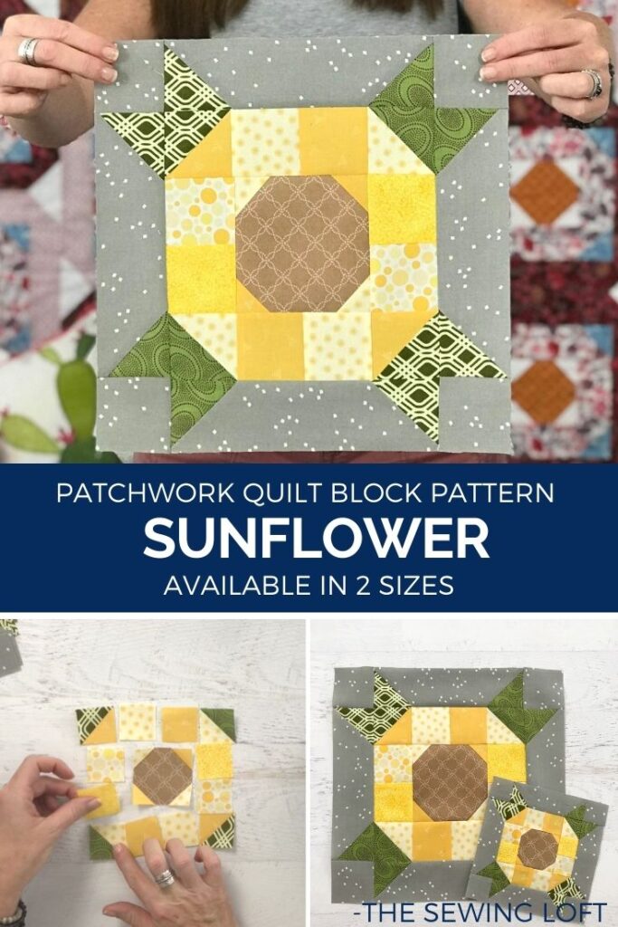 The Sunflower quilt block is available in 2 finished sizes and made with a simple patchwork construction. It is a beginner friendly project and perfect for scraps.