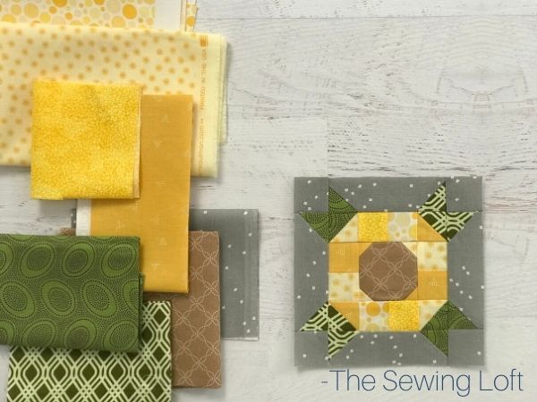 Sunflower quilt block fabric pull. Design is available in 2 finished sizes by The Sewing Loft