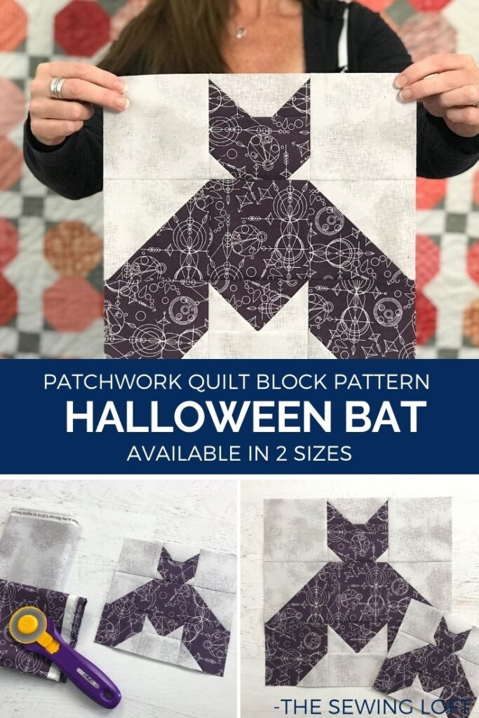 Add this Halloween inspired Bat quilt block to your Halloween themed quilting projects. Easy to make block is available in 2 finished sizes and is a patchwork construction. #quilting #HalloweenDIY #learntoquilt #blocks2quilt