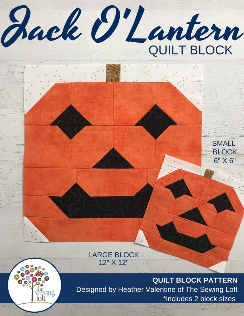 Add this fun, easy to make Jack O'Lantern quilt block to your next Halloween quilt. The block is made with patchwork construction, comes in 2 sizes, and needs no special tools.