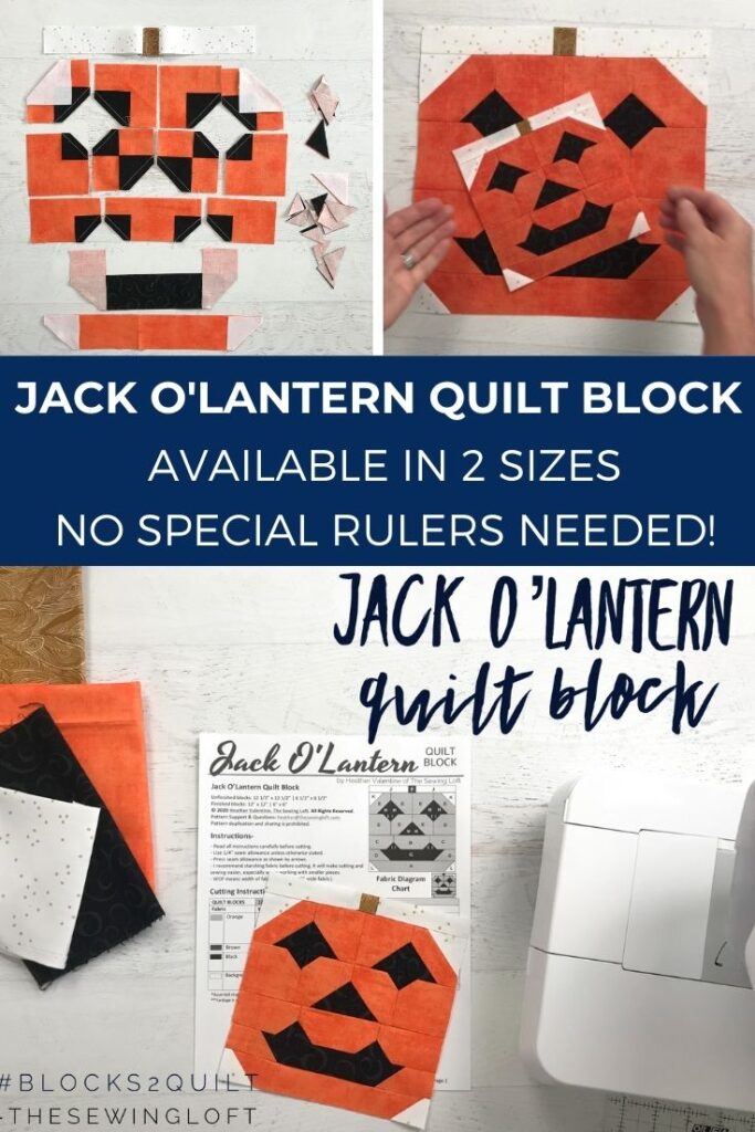 Add this fun, easy to make Jack O'Lantern quilt block to your next Halloween quilt. The block is made with patchwork construction, comes in 2 sizes, and needs no special tools.