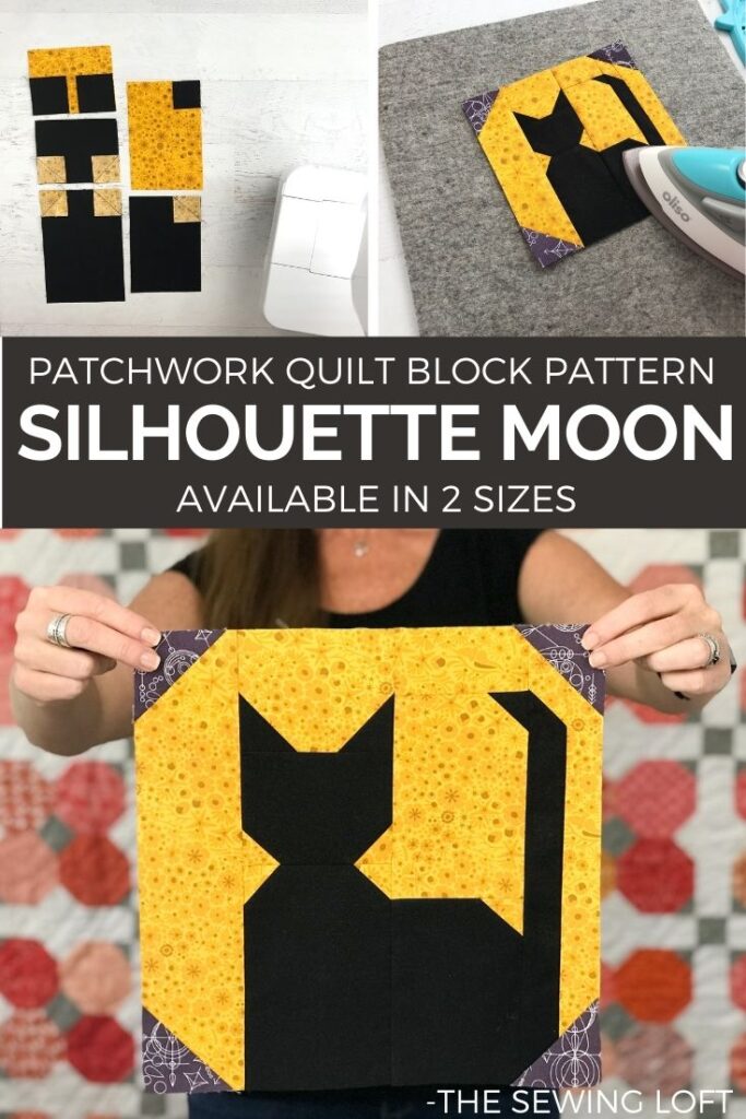 Silhouette Moon Quilt Block Pattern. Available in 2 sizes, easy construction and includes a video assembly. By The Sewing Loft #learntoquilt #quiltblock #blocks2quilt