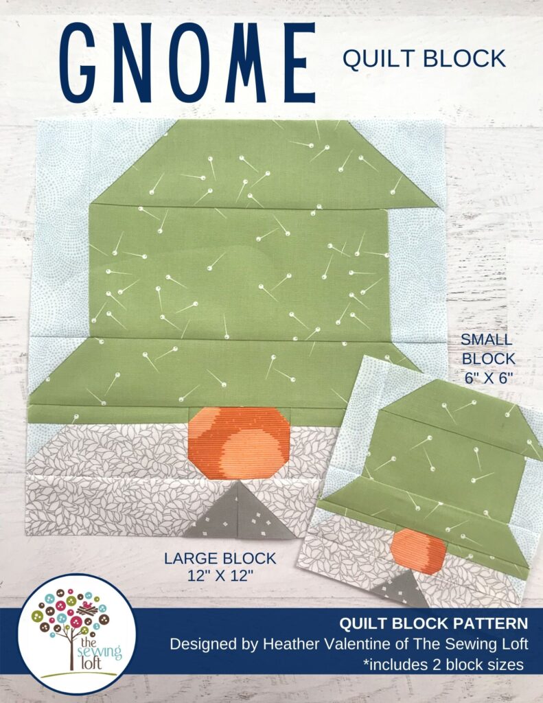 Gnome Quilt Block Pattern by The Sewing Loft. Easy to make, patchwork construction, and instructions for 2 finished sizes. 