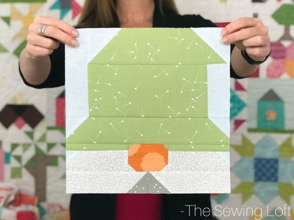 Gnome Quilt Block Pattern by The Sewing Loft. Easy to make, patchwork construction, and instructions for 2 finished sizes.