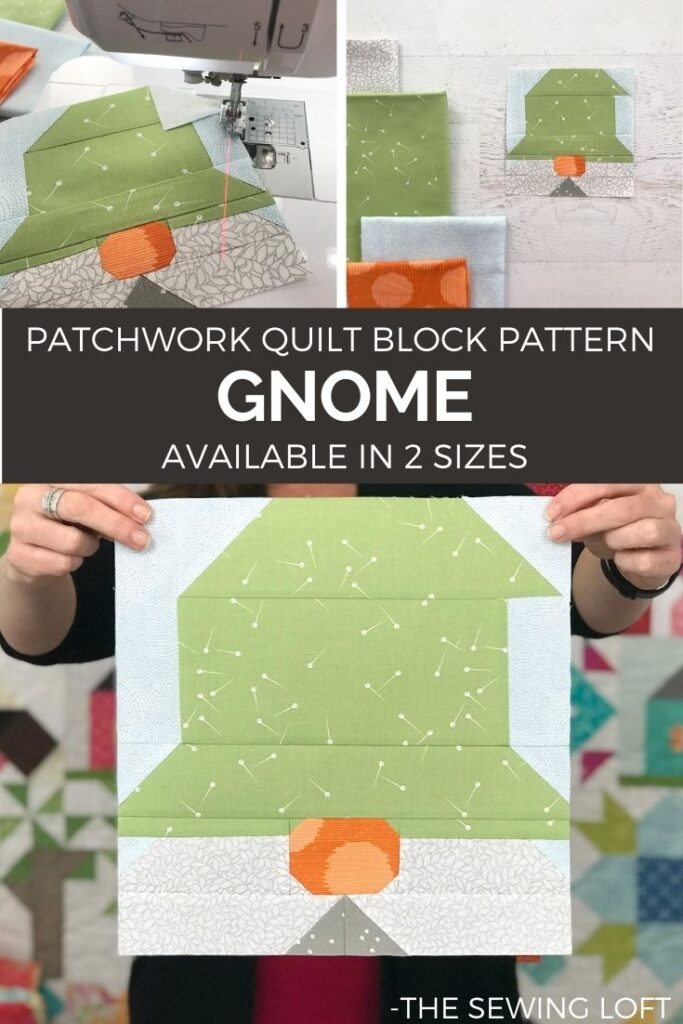 Patchwork Gnome quilt block is perfect for stitching up your leftover scraps. Easy to make, comes in 2 sizes and totally adorable!