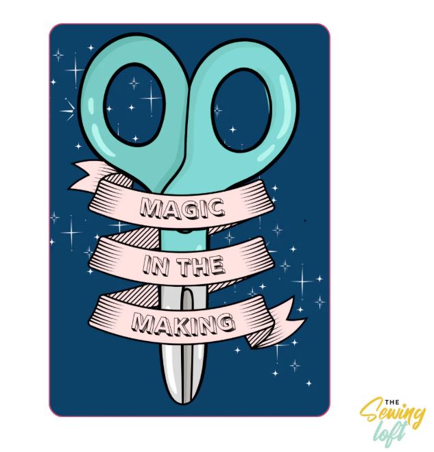 Featuring a charming scissor graphic with a ribbon banner that reads "Magic in the Making," this sticker is perfect for makers and dreamers alike. Crafted from thick, durable vinyl with a protective laminate, it’s designed to hold up beautifully on any surface, adding a touch of inspiration wherever it goes.