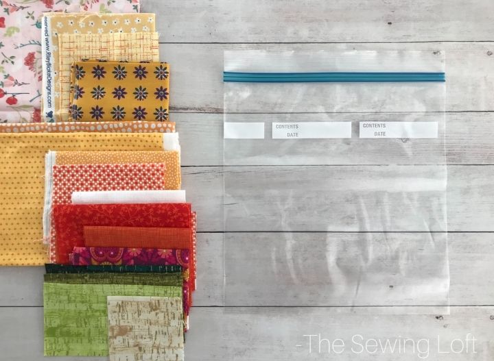 Gather your fabric scraps and place them in a resealable gallon size bag for the SWAP. 